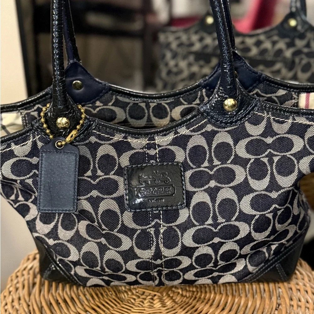 Coach Bleecker Signature Canvas Jacquard Tote Bag Navy Leather Trim Vintage Y2K - Picture 3 of 15
